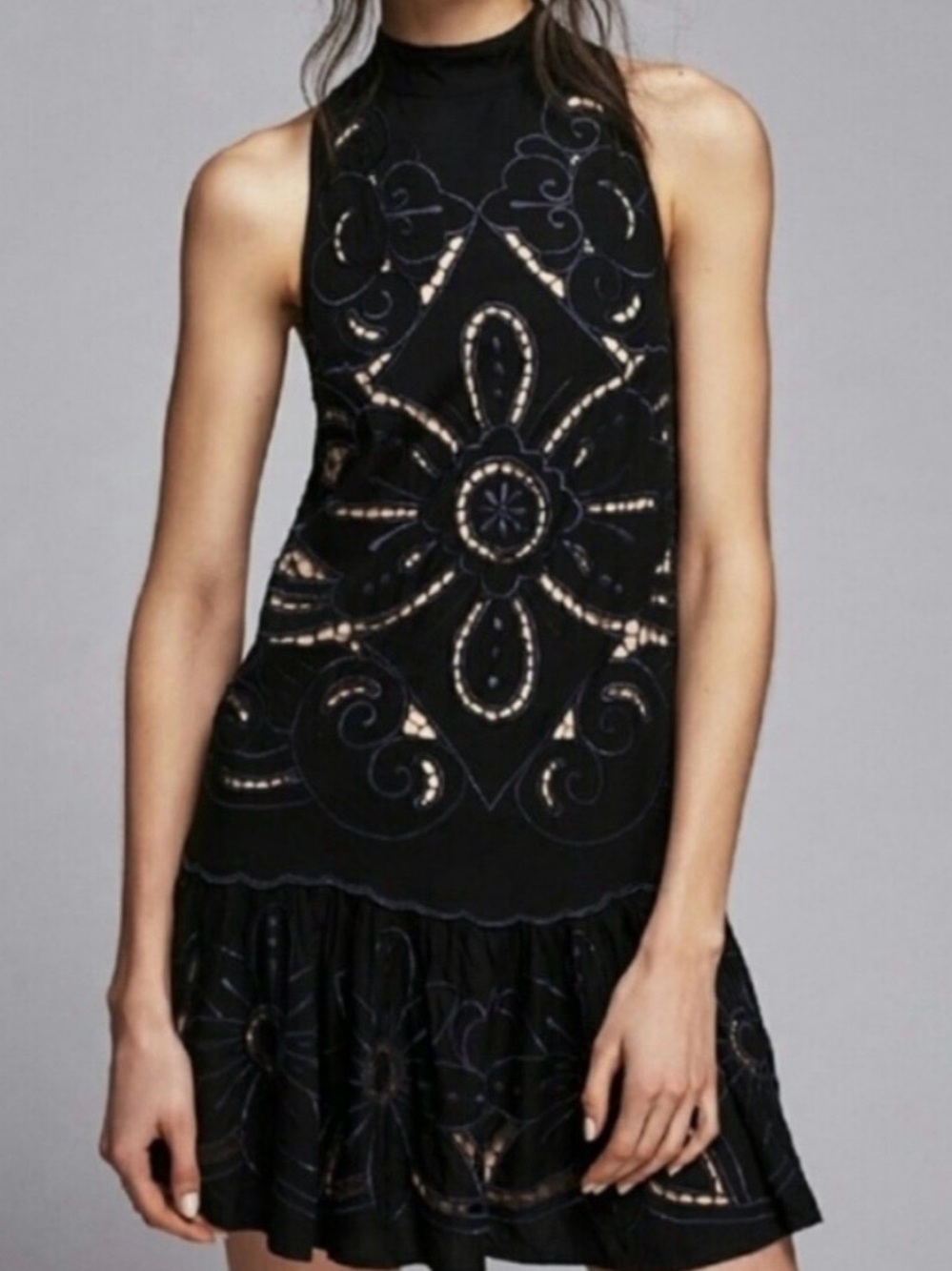 Free People Black Embroidered Halter Mini Dress Backless Soft Flowy Comfort